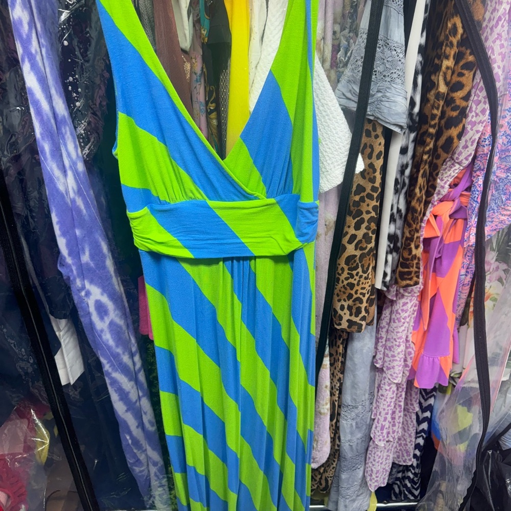 Lilly Pulitzer Blue and Lime Green Diagonal Stripe Maxi Dress - Picture 2 of 8
